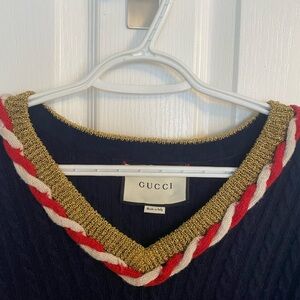 Gucci Women's Navy Sweater with Gold Trim